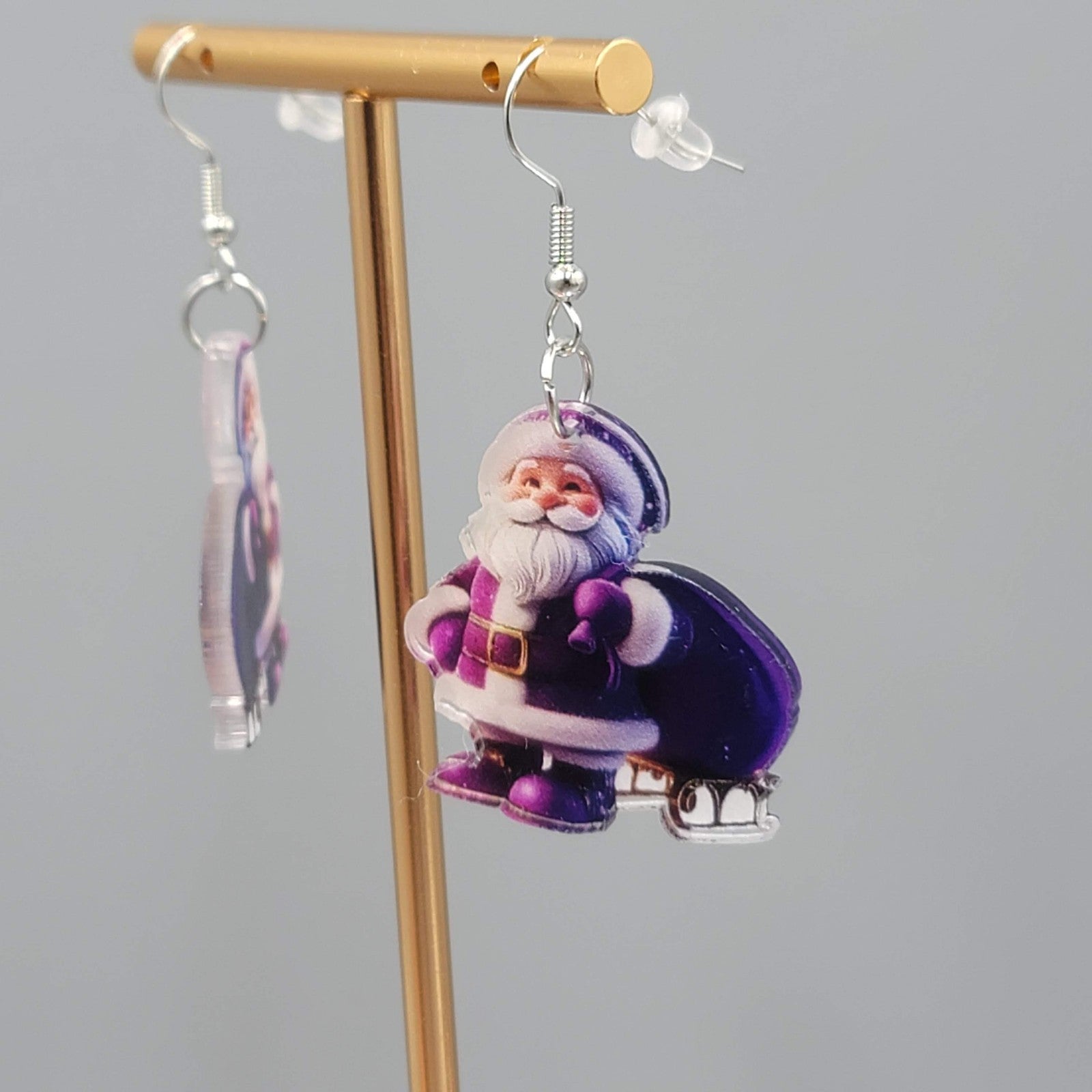 Christmas Santa Purple Bag Pierced Earrings Silver tone Dangle 1.25 in