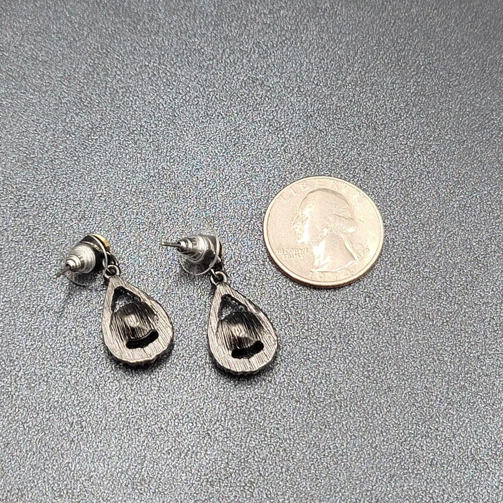 Pierced Earrings Black Metal Clear Rhinestone Teardrop Dangle 1.25"