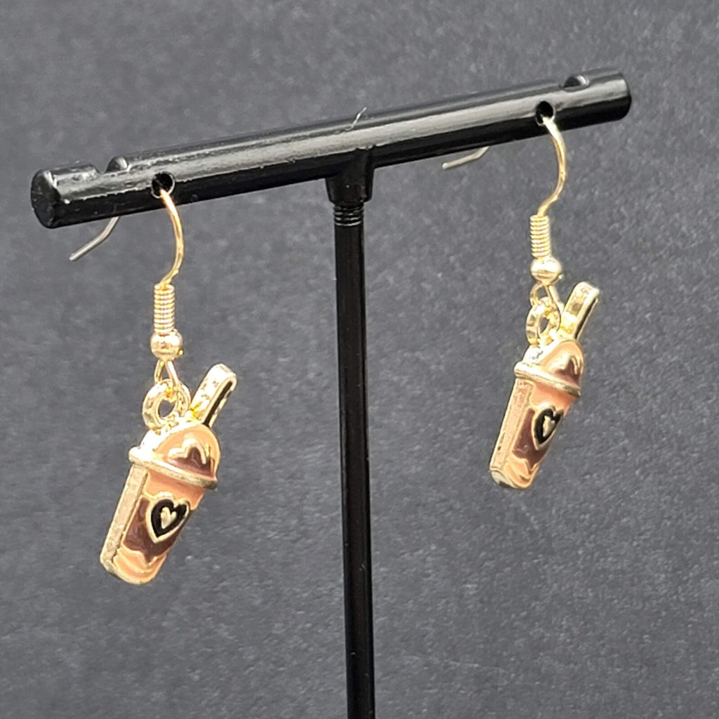 Smoothie Pierced Earrings Shake Coffee Gold tone Dangle Enamel 3/4"