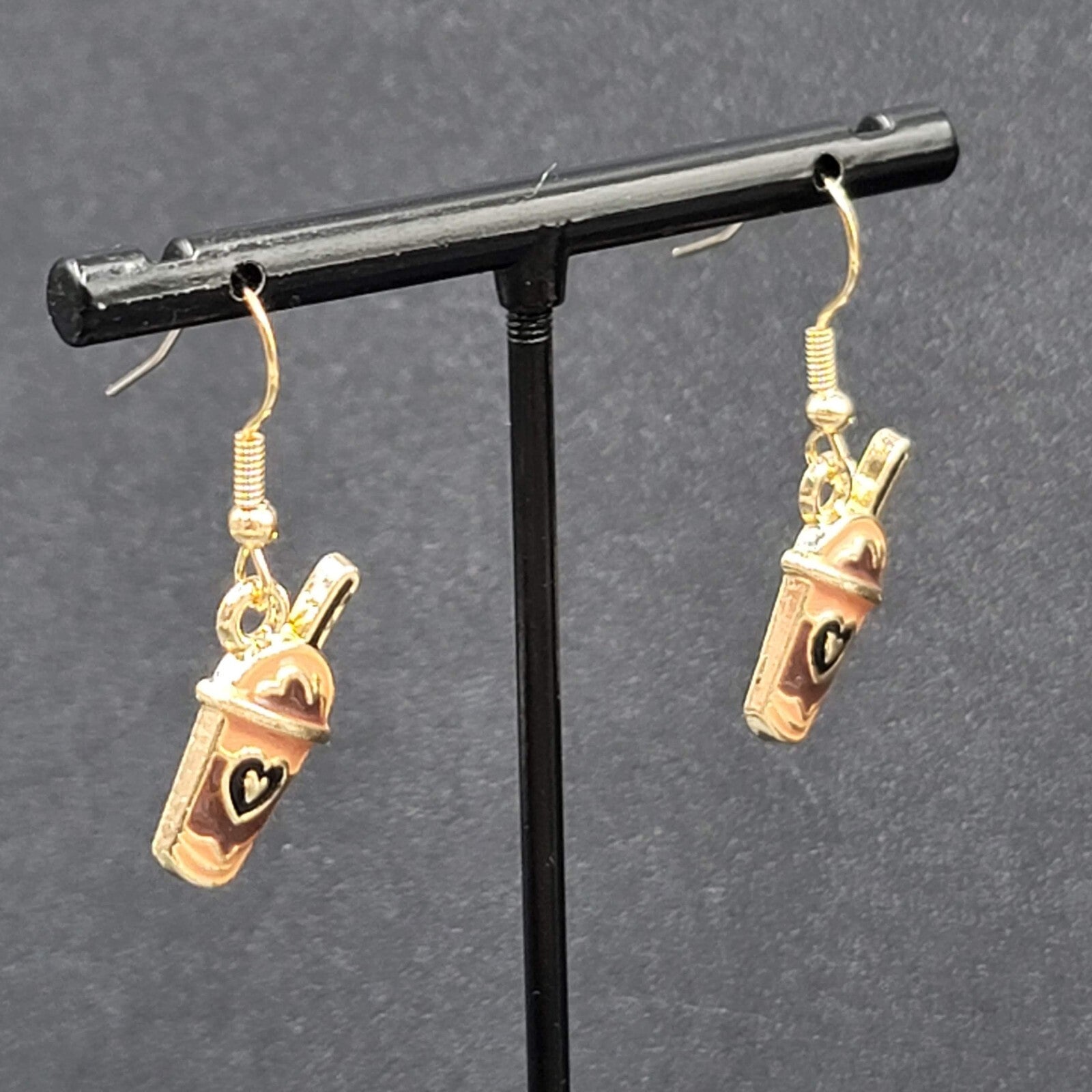 Smoothie Pierced Earrings Shake Coffee Gold tone Dangle Enamel 3/4"