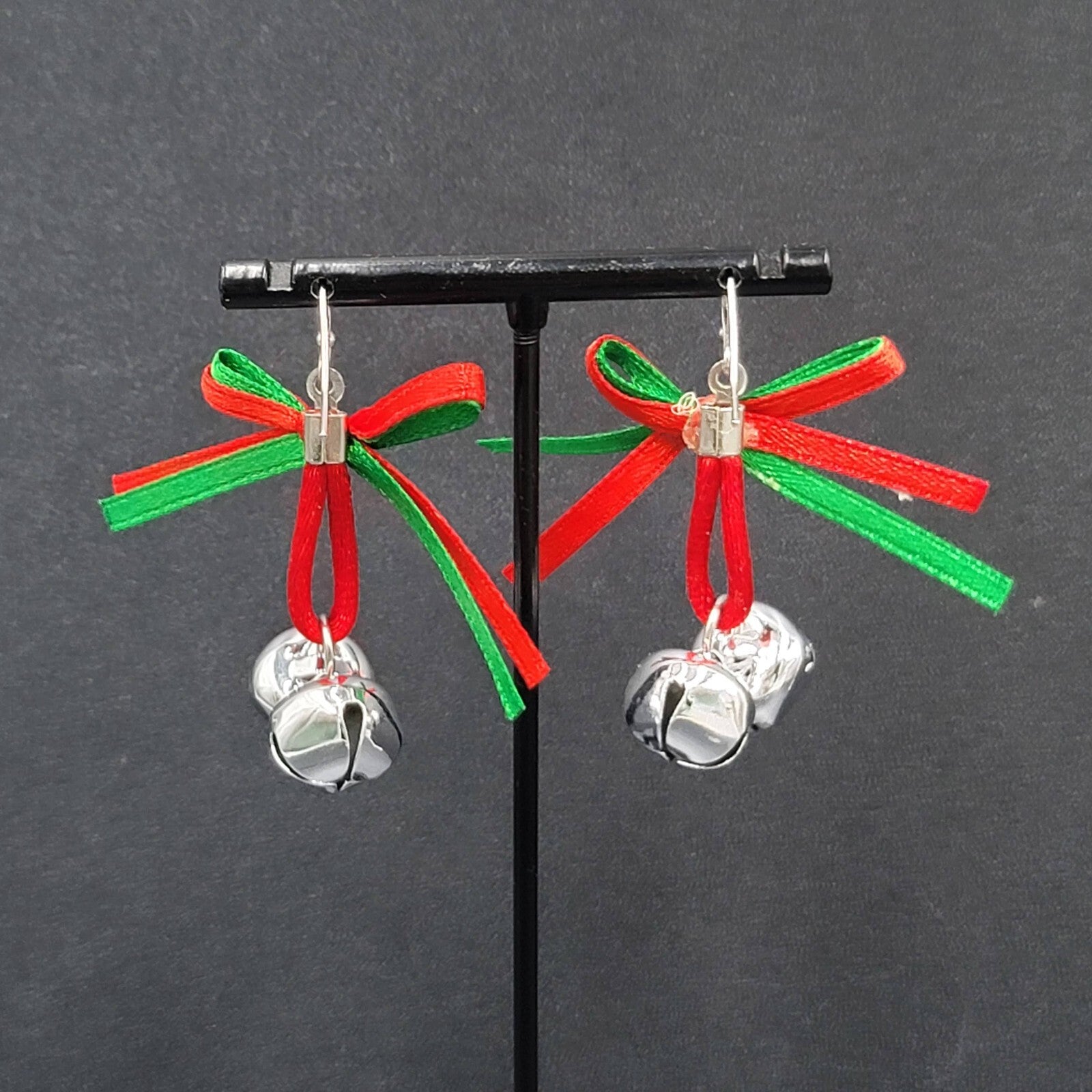 Christmas Holiday Pierced Earrings Ribbon Jingle Bells 1.5"