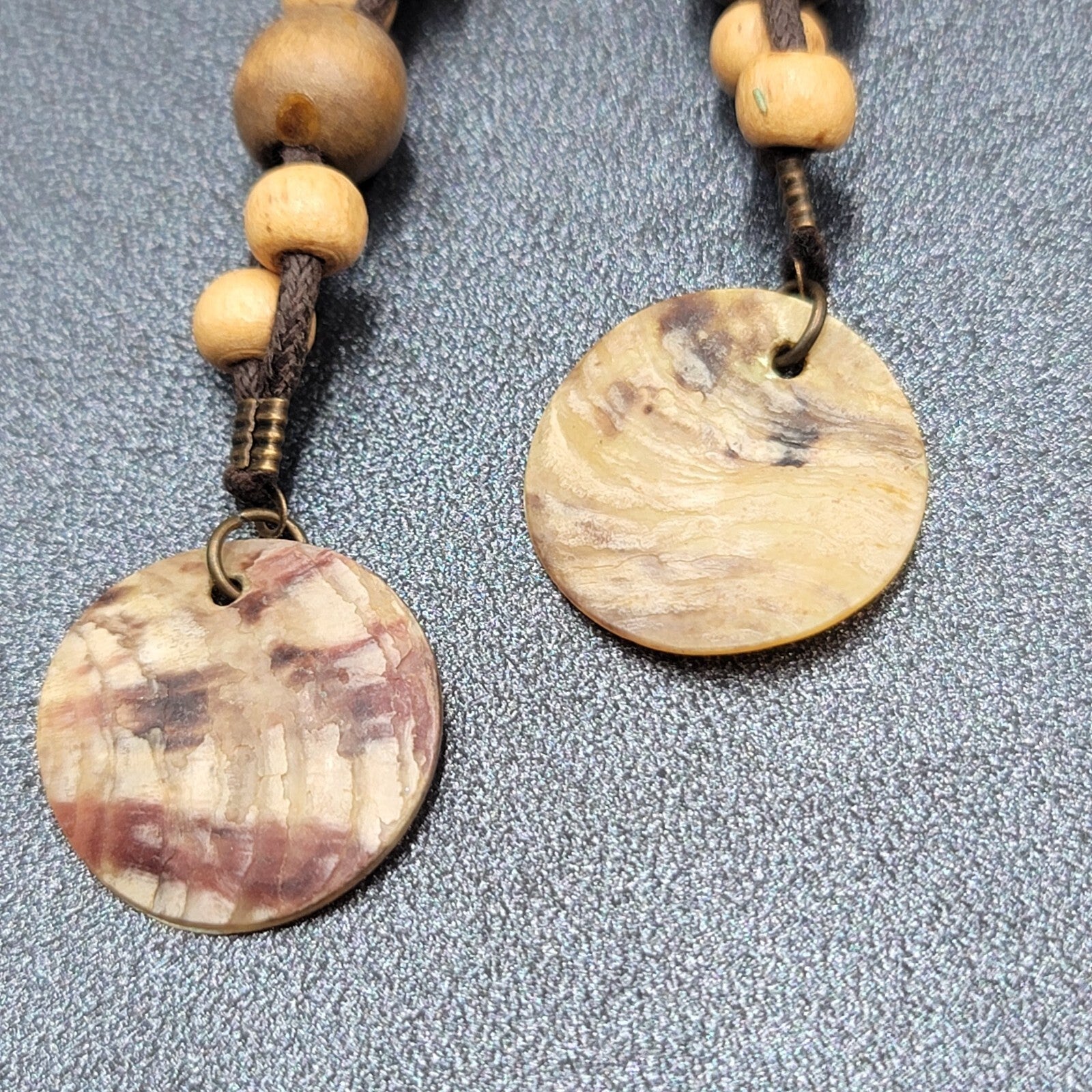 Boho Pierced Earrings Brown Cord Wooden Bead Shell Dangle 3"