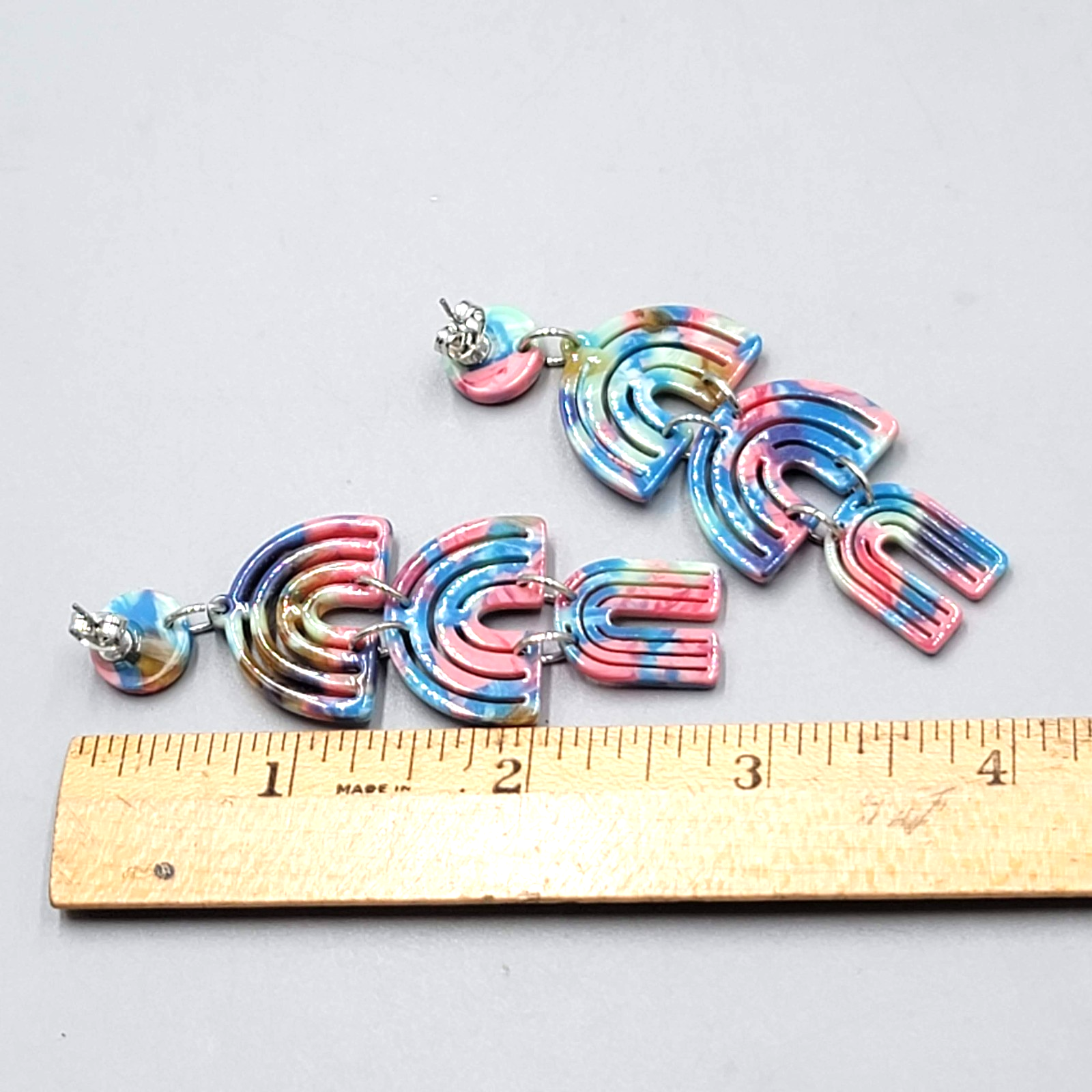 Statement Blue Pink Dangle Pierced Earrings 2.75"