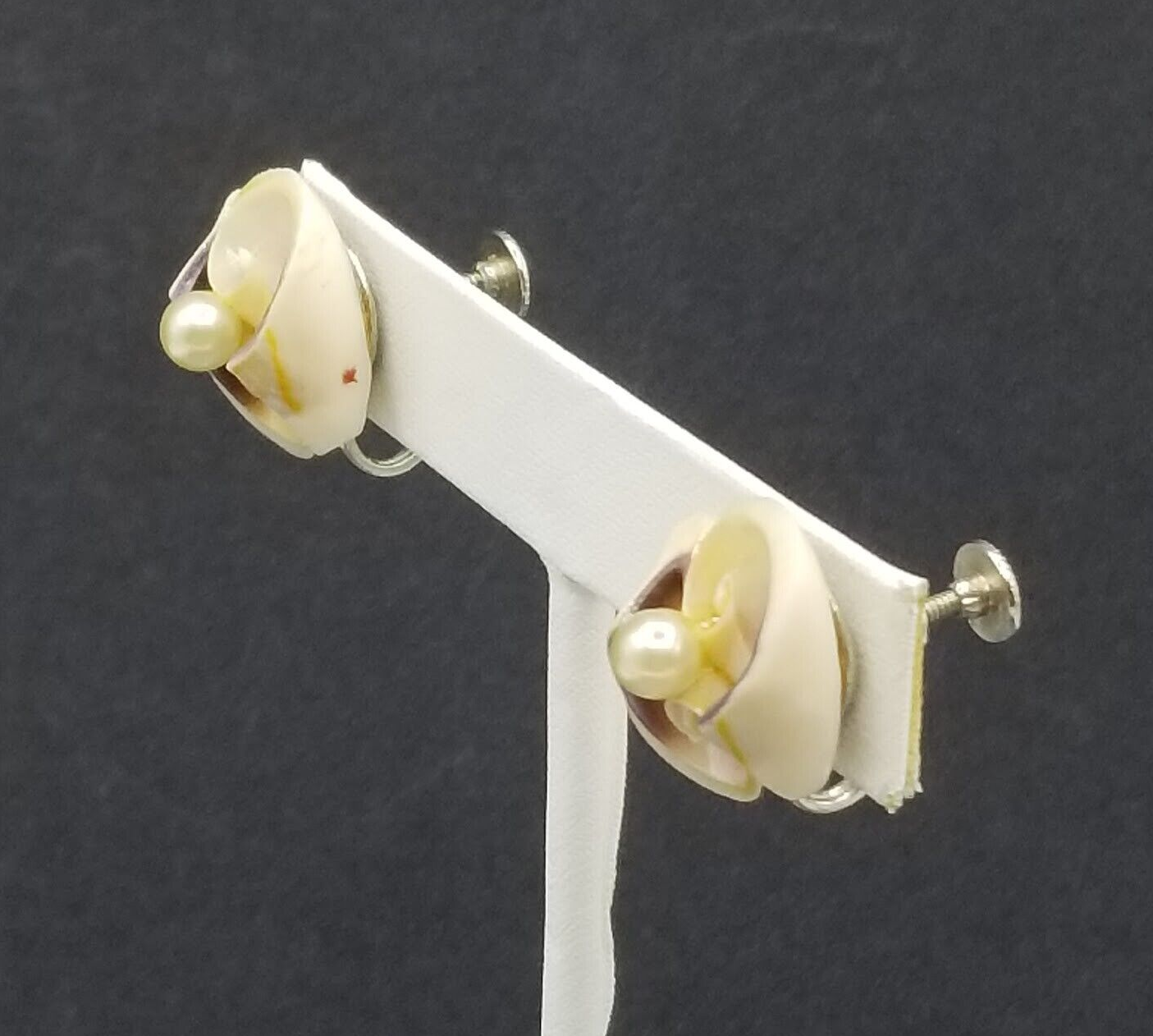 Vintage Clip On Earrings Cut Shell and Faux Pearl Screw Back Stud 3/4"