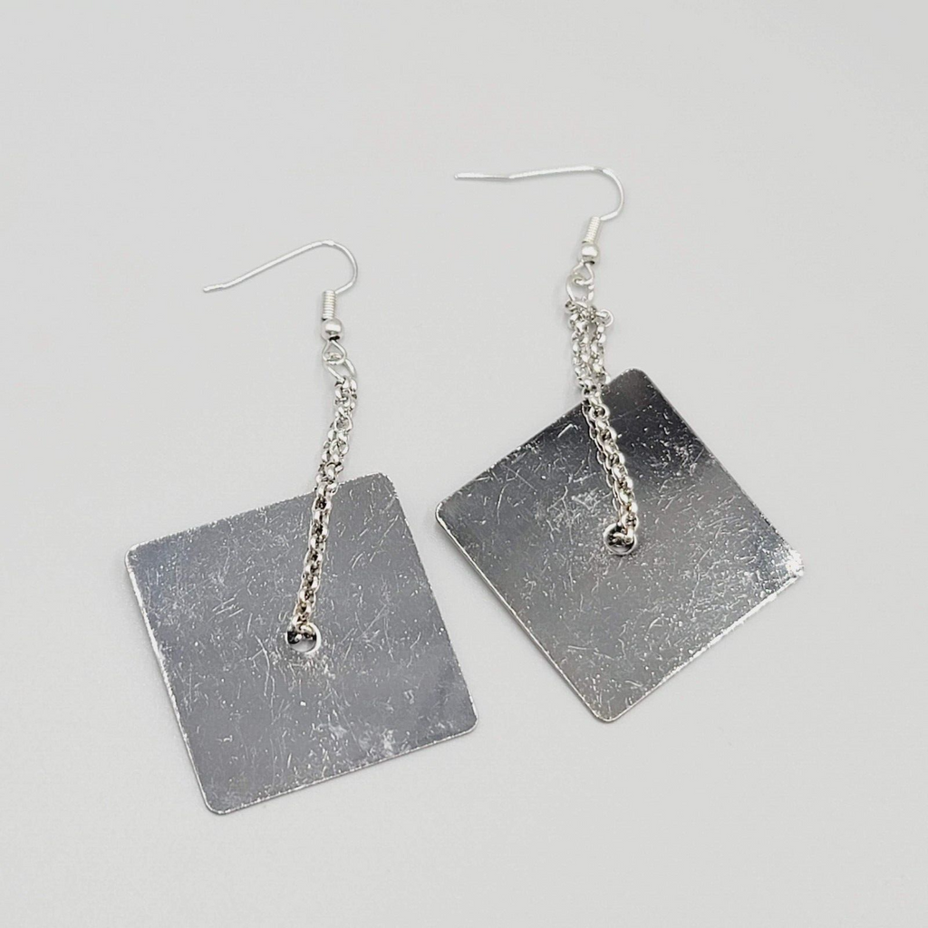 Pierced Earrings Silver tone Chain Black Metal Square Dangle Unique 2.5"