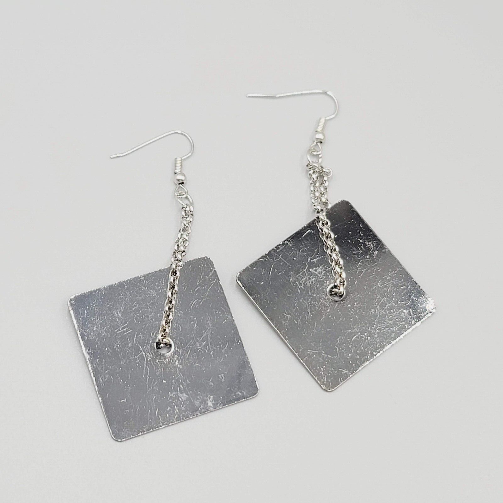 Pierced Earrings Silver tone Chain Black Metal Square Dangle Unique 2.5"