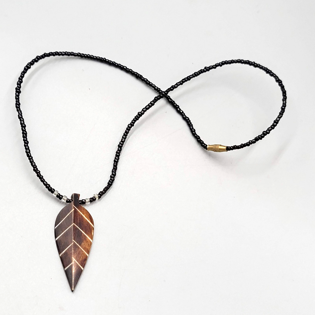 Hand Carved Leaf Pendant Necklace Black Seed Bead 16"