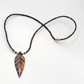 Hand Carved Leaf Pendant Necklace Black Seed Bead 16"