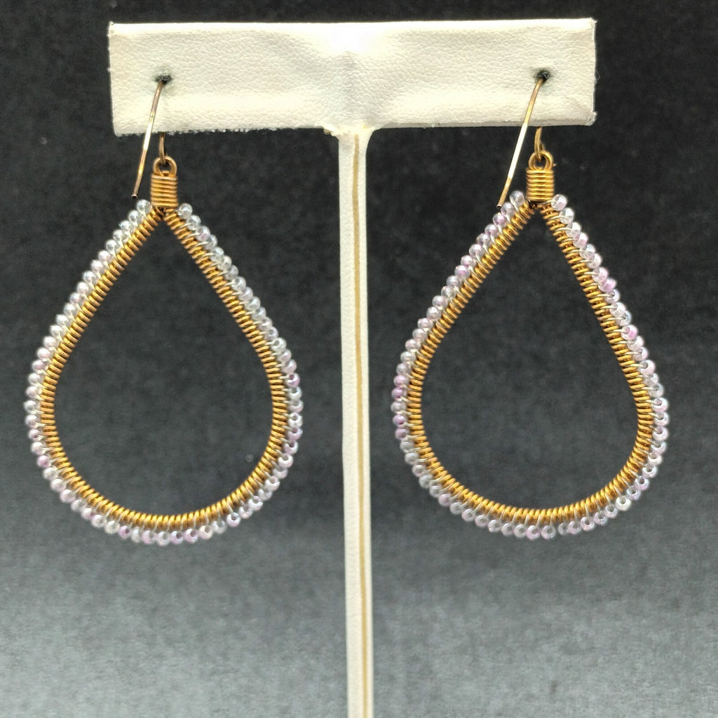Pierced Earrings Gold tone Wire Wrapped Lavender Bead Teardrop Dangle 2 1/8"