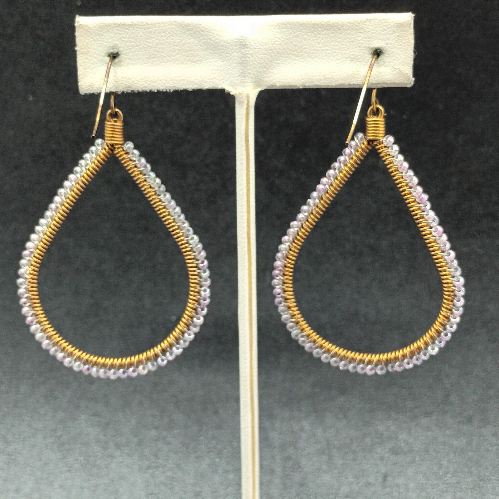 Pierced Earrings Gold tone Wire Wrapped Lavender Bead Teardrop Dangle 2 1/8"