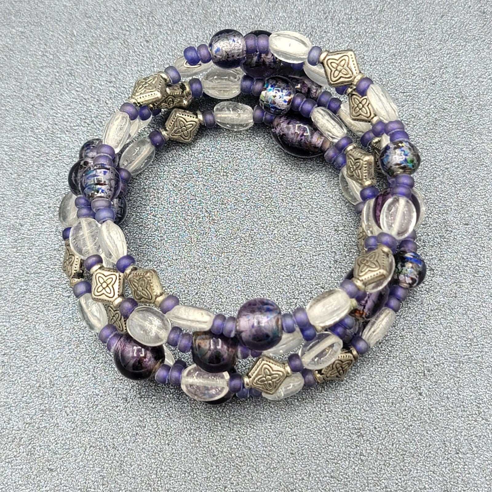 Memory Wire Bracelet Purple Silver tone Clear Glass Beads 
