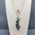 Boho Charm Necklace Layered Double Chain Silver tone Butterfly Leaf Enamel 16"