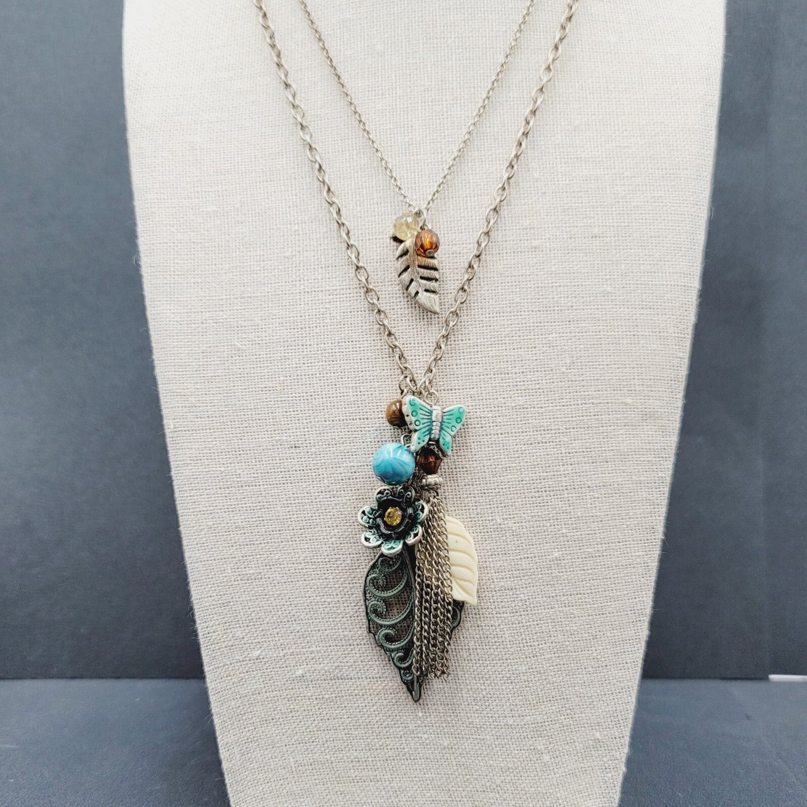 Boho Charm Necklace Layered Double Chain Silver tone Butterfly Leaf Enamel 16"