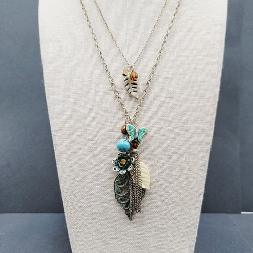 Boho Charm Necklace Layered Double Chain Silver tone Butterfly Leaf Enamel 16"