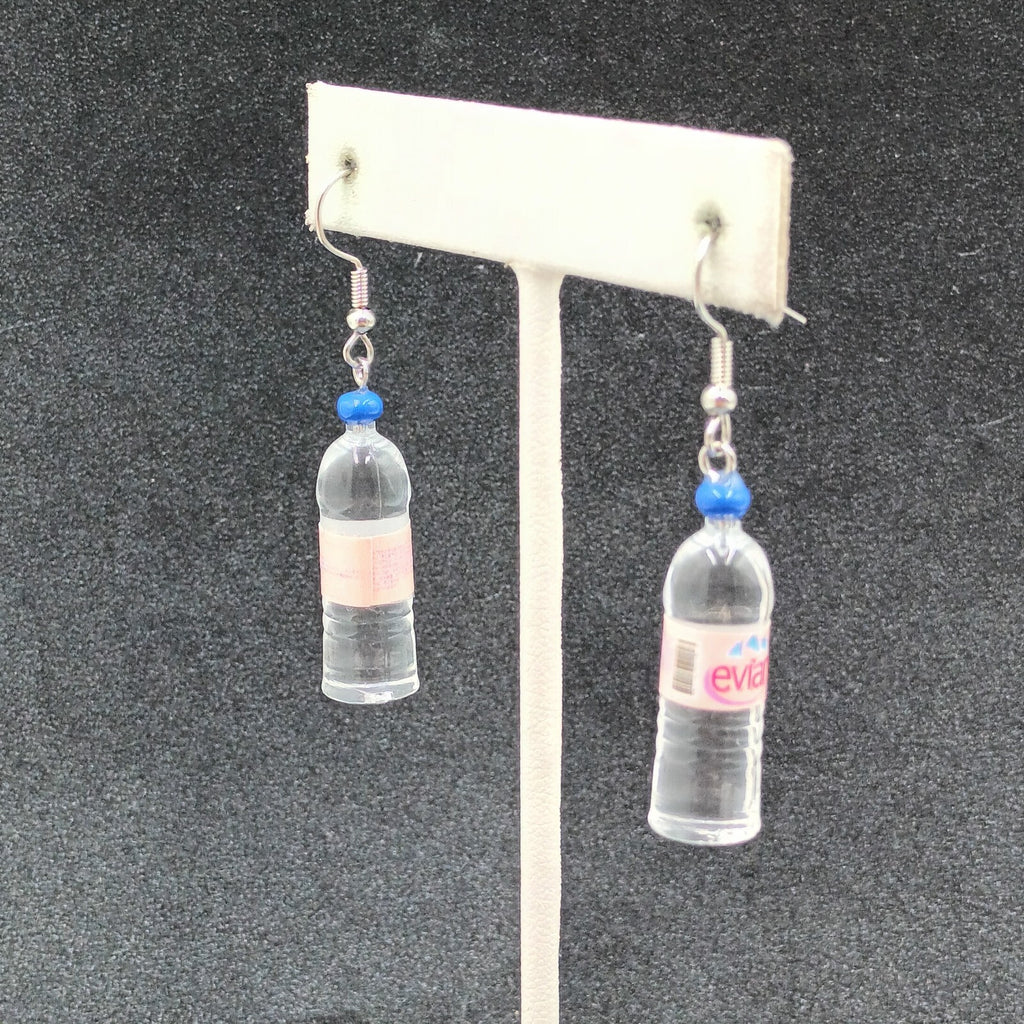 Evian Water Bottle Pierced Earrings  Silver tone Acrylic Miniature Dangle 1 1/4"