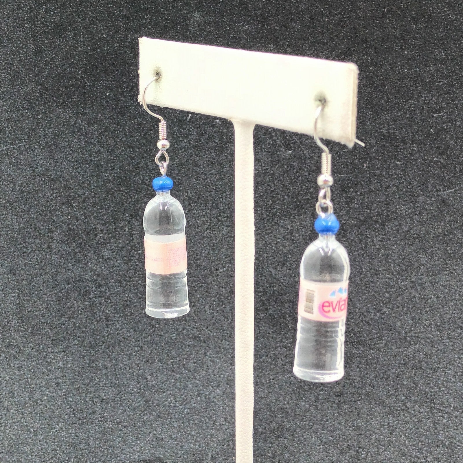 Evian Water Bottle Pierced Earrings  Silver tone Acrylic Miniature Dangle 1 1/4"