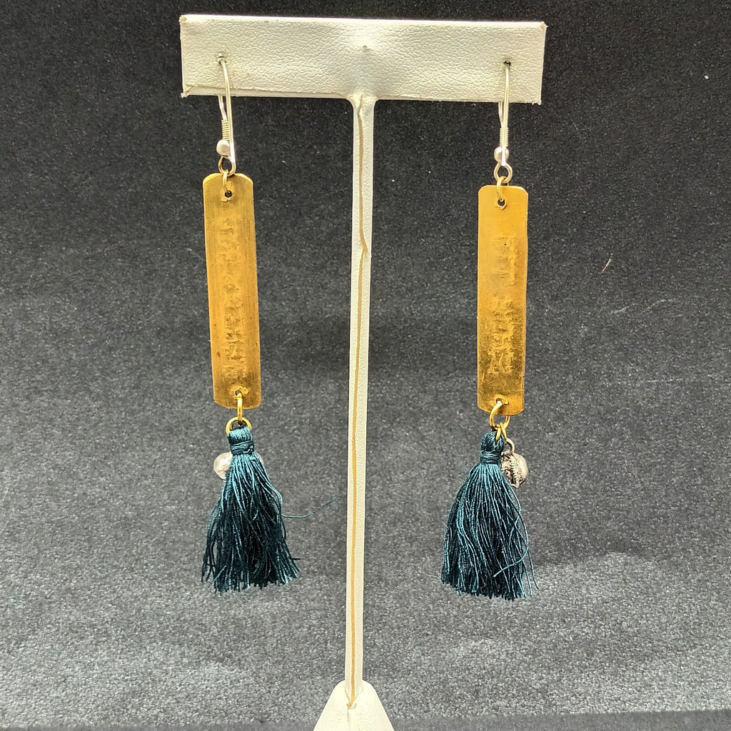 Pierced Earrings "All Things Are Possible" Brass Green Tassel Dangle 3 1/4"
