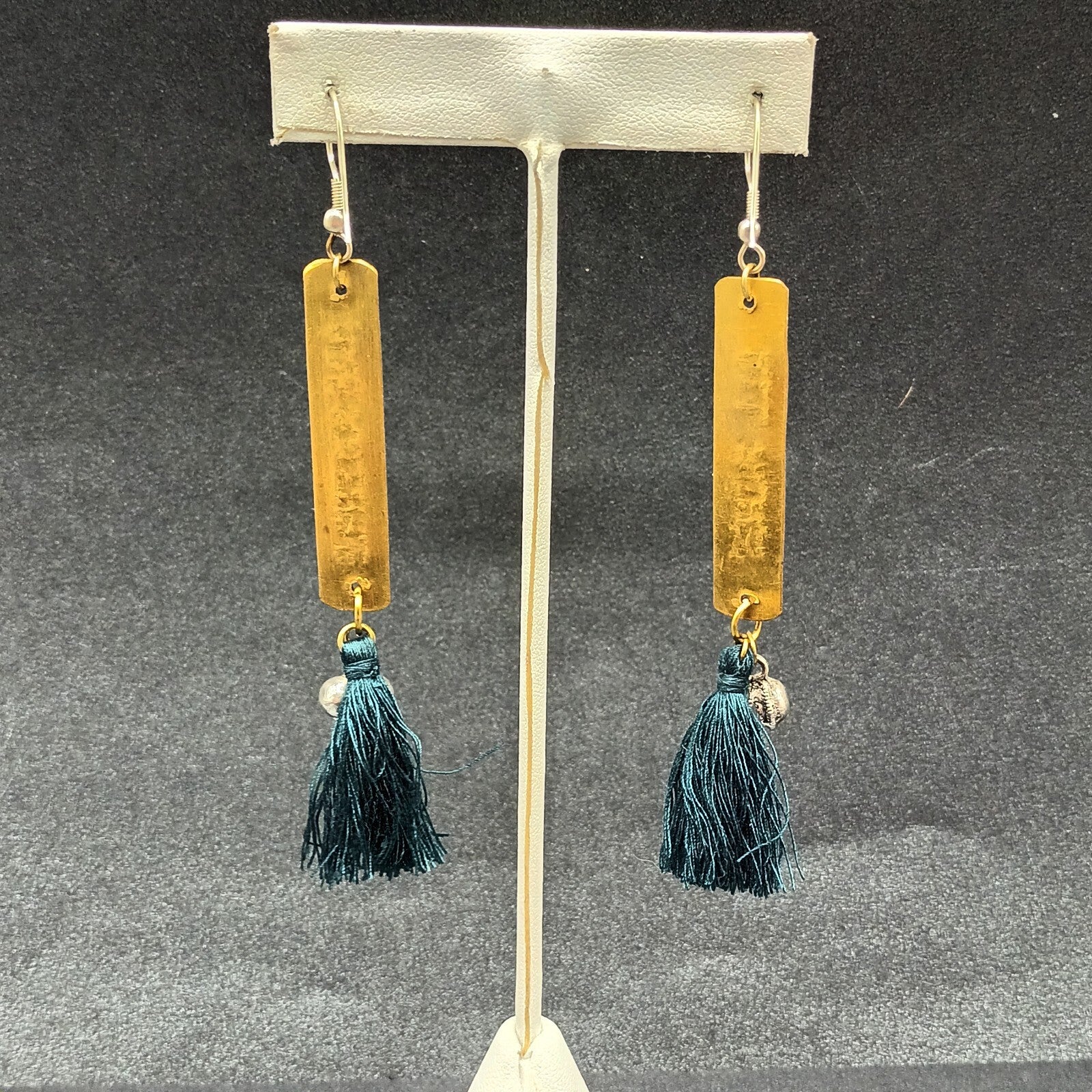 Pierced Earrings "All Things Are Possible" Brass Green Tassel Dangle 3 1/4"