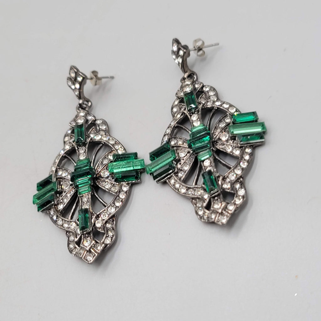Large Statement Pierced Earrings Black Metal Green Rhinestone Dangle 2.75 in