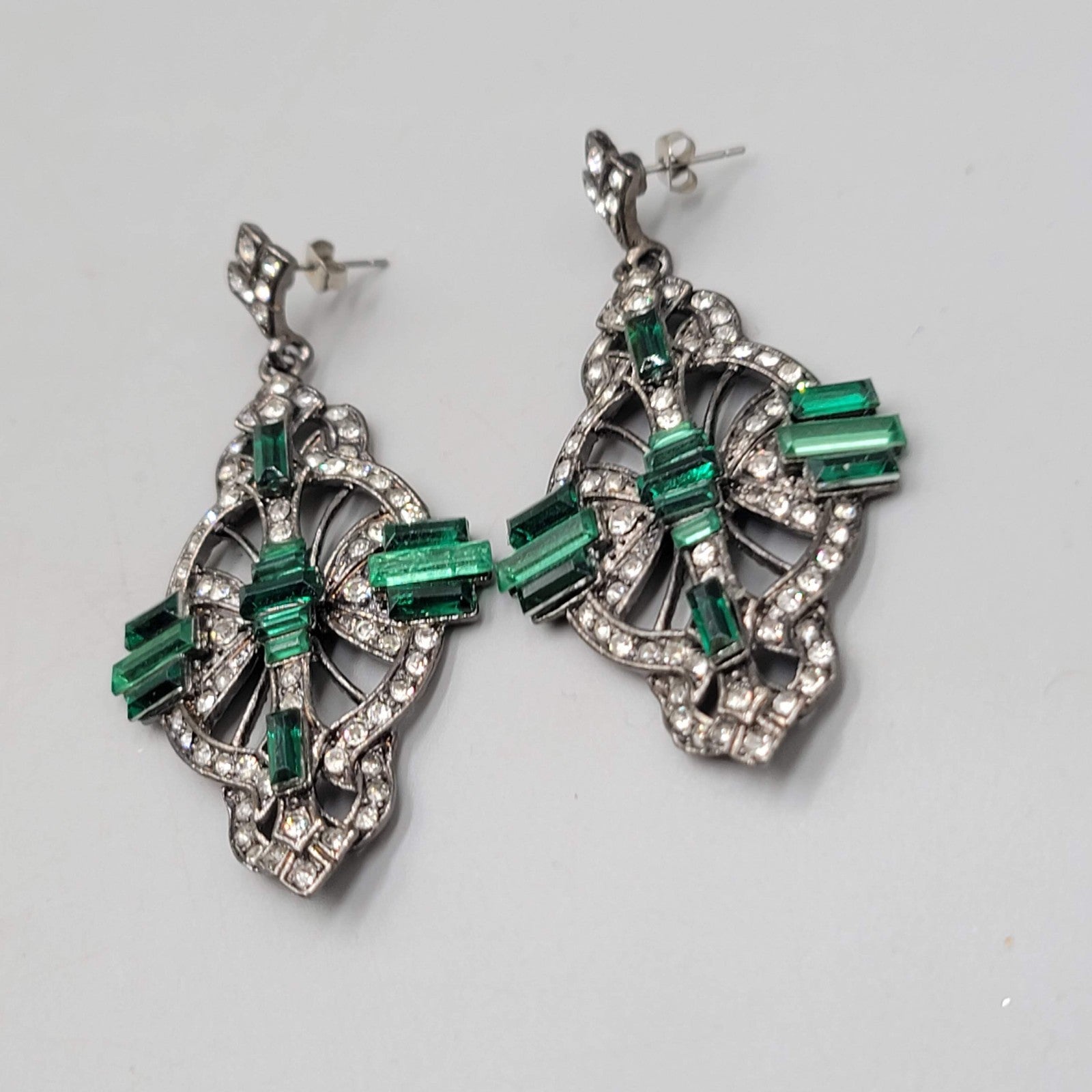 Large Statement Pierced Earrings Black Metal Green Rhinestone Dangle 2.75 in
