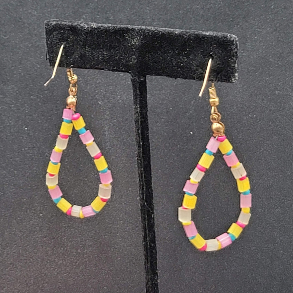 Pierced Earrings Blue Yellow Pink Beaded Teardrop Hoops 1.75"