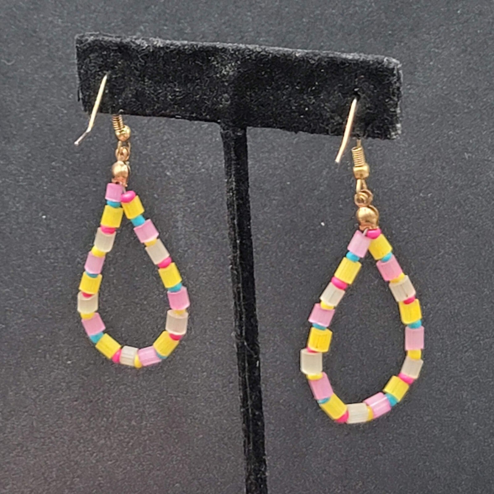 Pierced Earrings Blue Yellow Pink Beaded Teardrop Hoops 1.75"