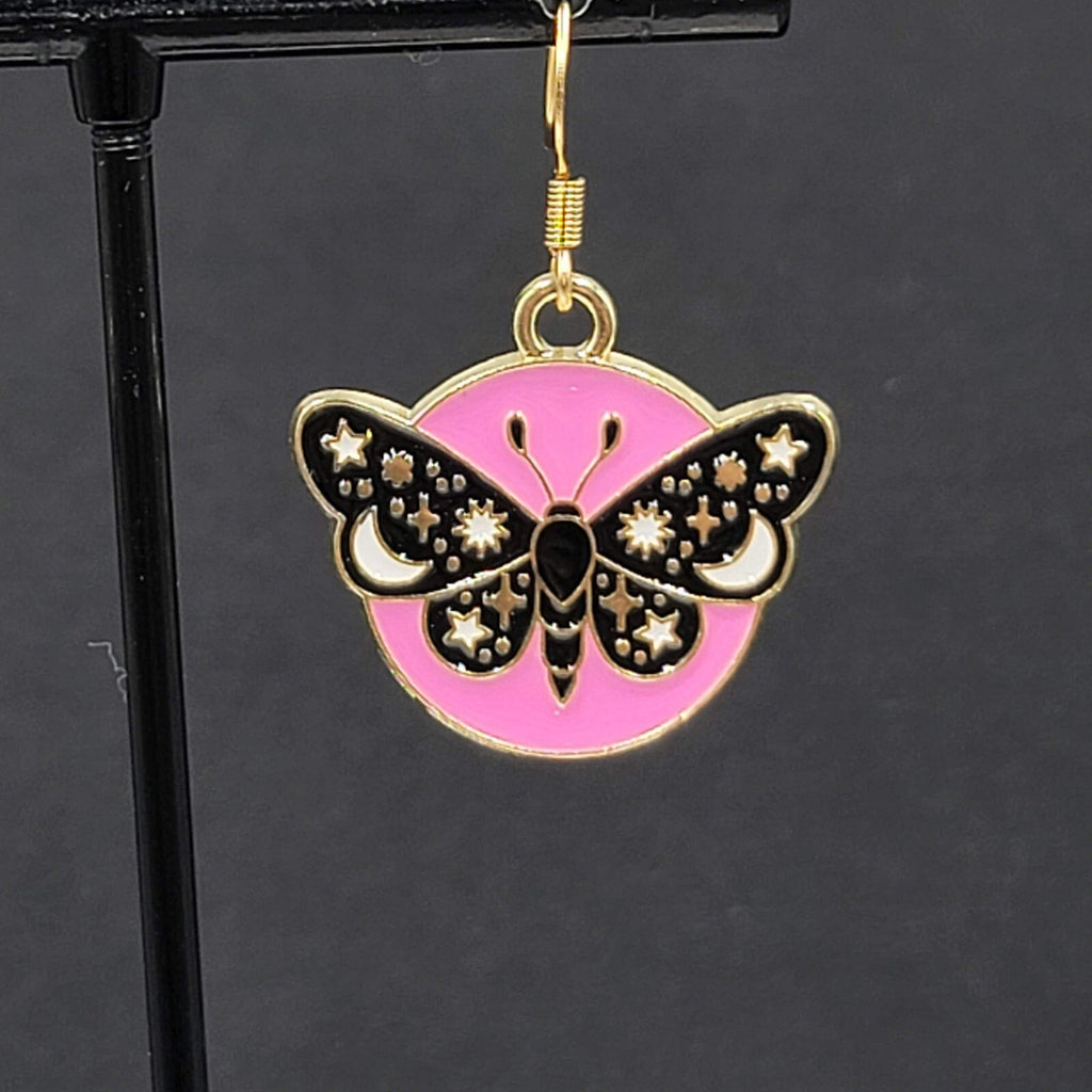 Black Moth Hot Pink Enamel Pierced Earrings Gold tone Dangle Butterfly 7/8"