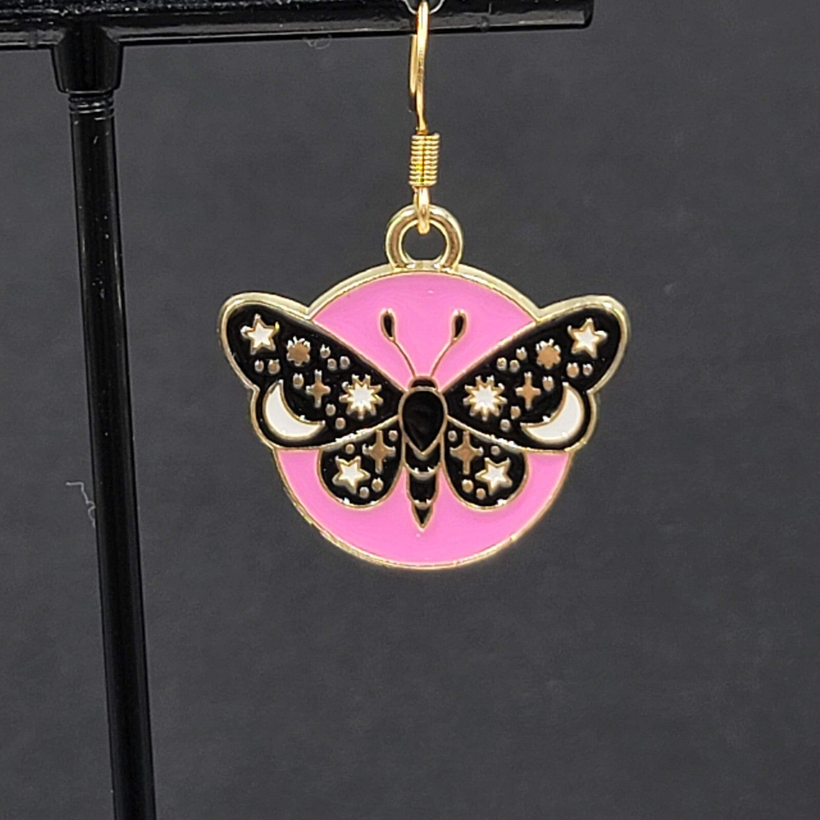Black Moth Hot Pink Enamel Pierced Earrings Gold tone Dangle Butterfly 7/8"