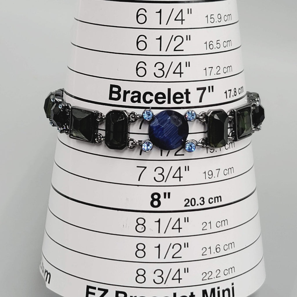 Black Metal Bracelet Dark Green Blue Rhinestones 7.25"