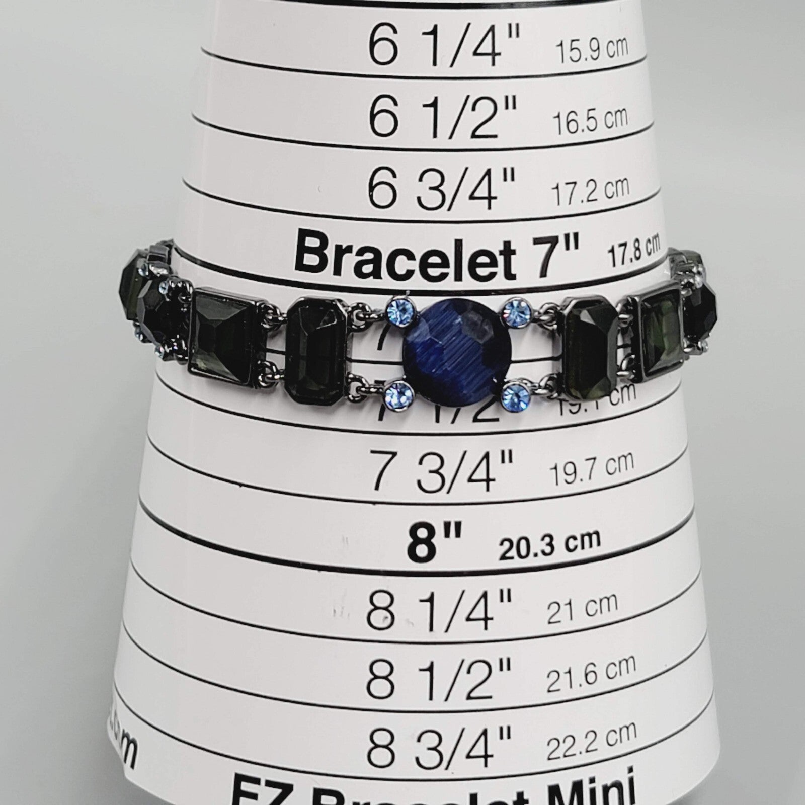 Black Metal Bracelet Dark Green Blue Rhinestones 7.25"