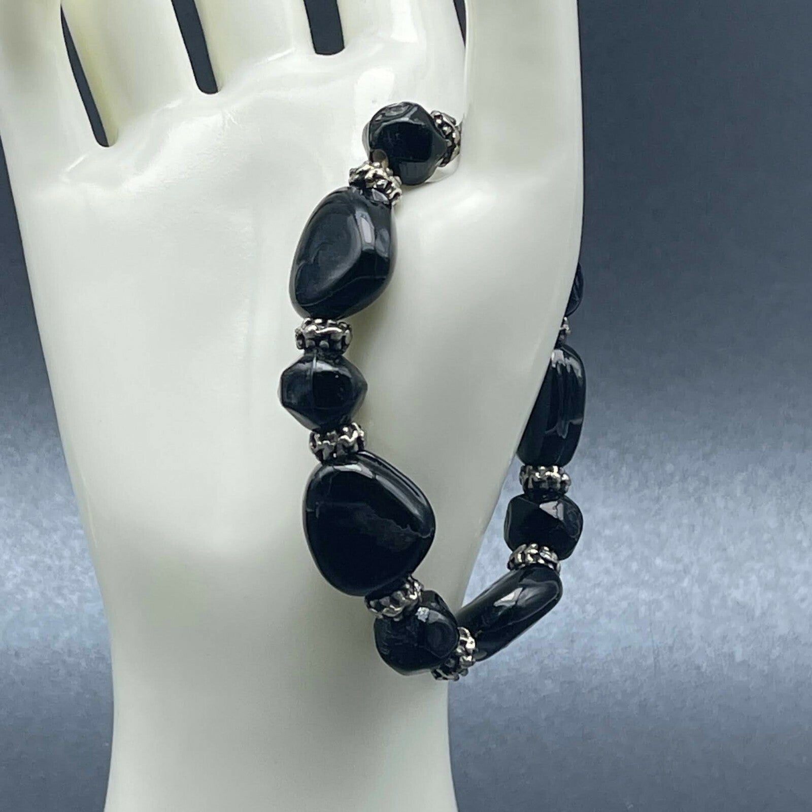 Black Glass and Silver tone Bead Beaded Stretch Elastic Bracelet