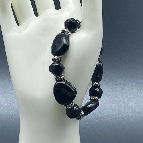 Black Glass and Silver tone Bead Beaded Stretch Elastic Bracelet