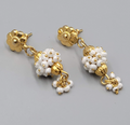 India Gold Plated Pierced Earrings White Bead Dangle 1.5"
