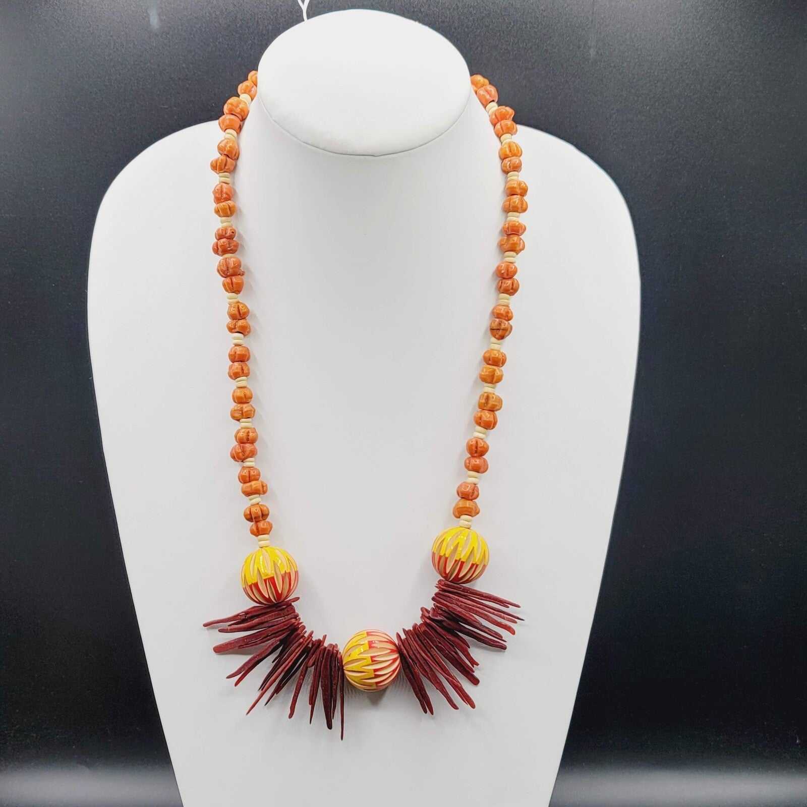 Vintage African Colorful Wooden Carved Beaded Necklace 26" Yellow Orange