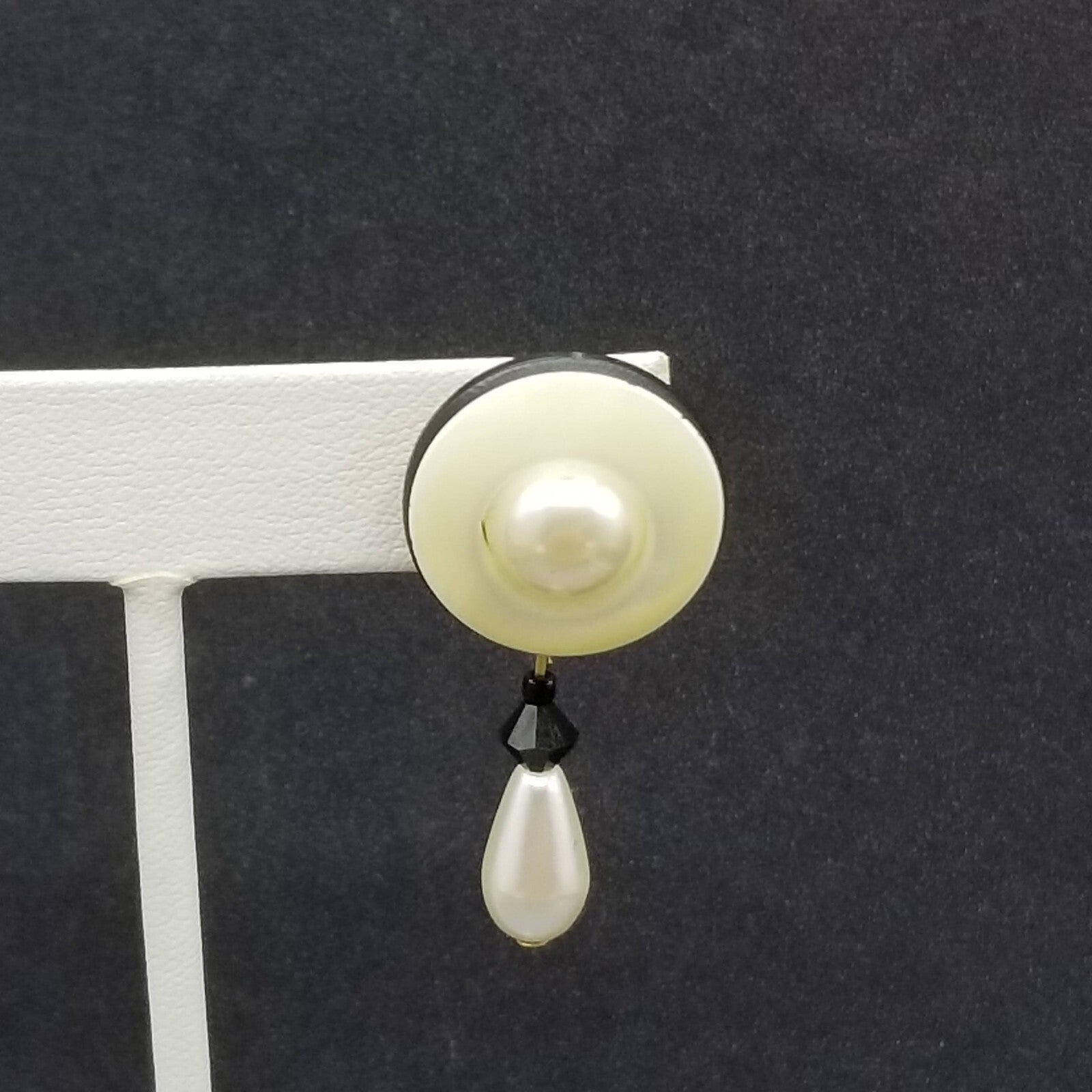 Pierced Earrings Gold tone Mother of Pearl Bead Button Style Dangle 1 5/8"
