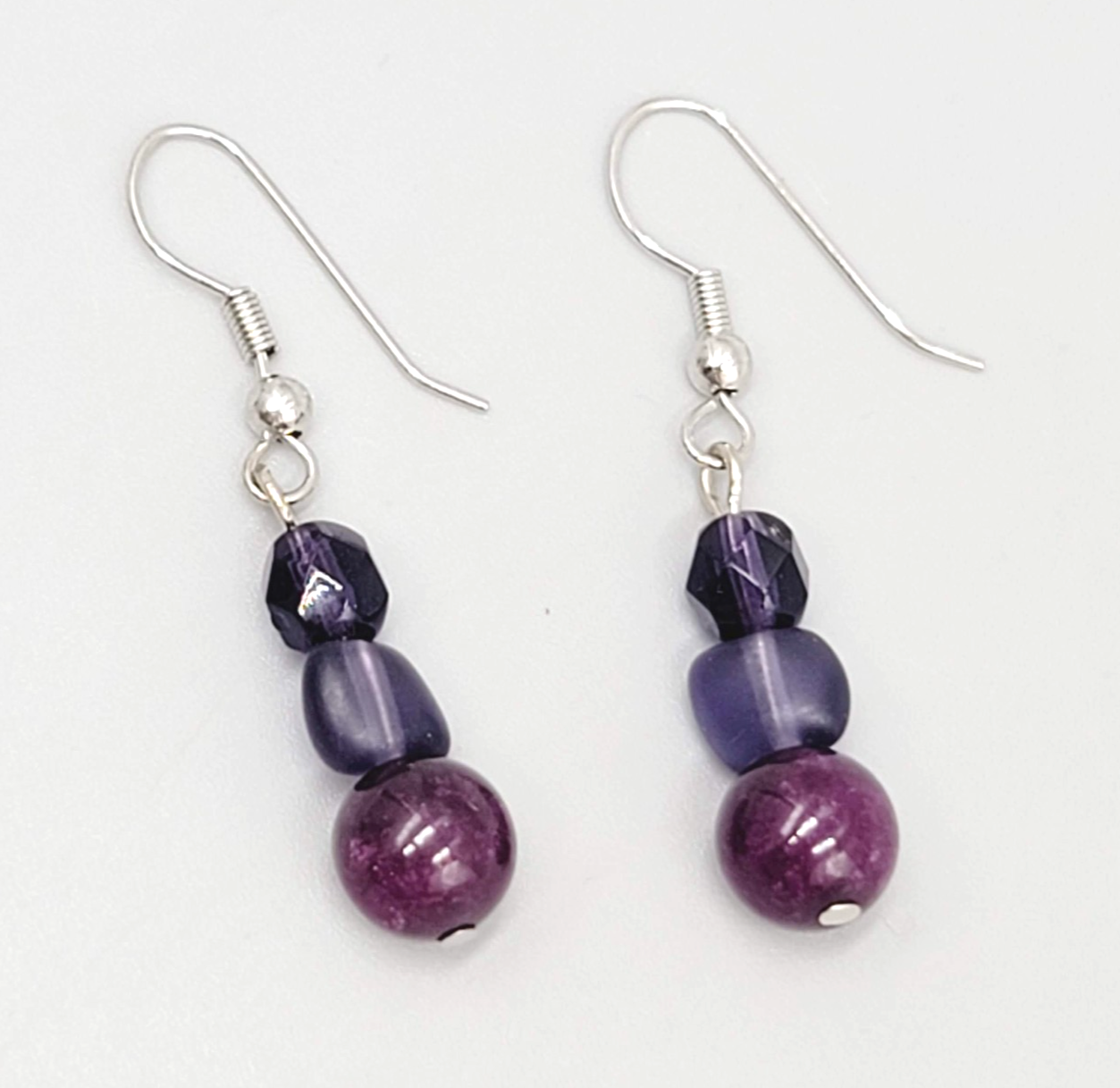 Amethyst and Purple Glass Pierced Earrings  Silver tone Dangle 1"