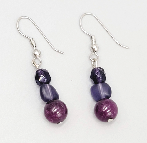 Amethyst and Purple Glass Pierced Earrings  Silver tone Dangle 1"