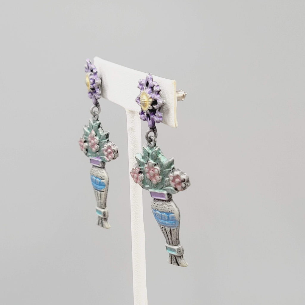 Vintage Don Lin Pierced Earrings Flower Bouquet Dangle 2.5"
