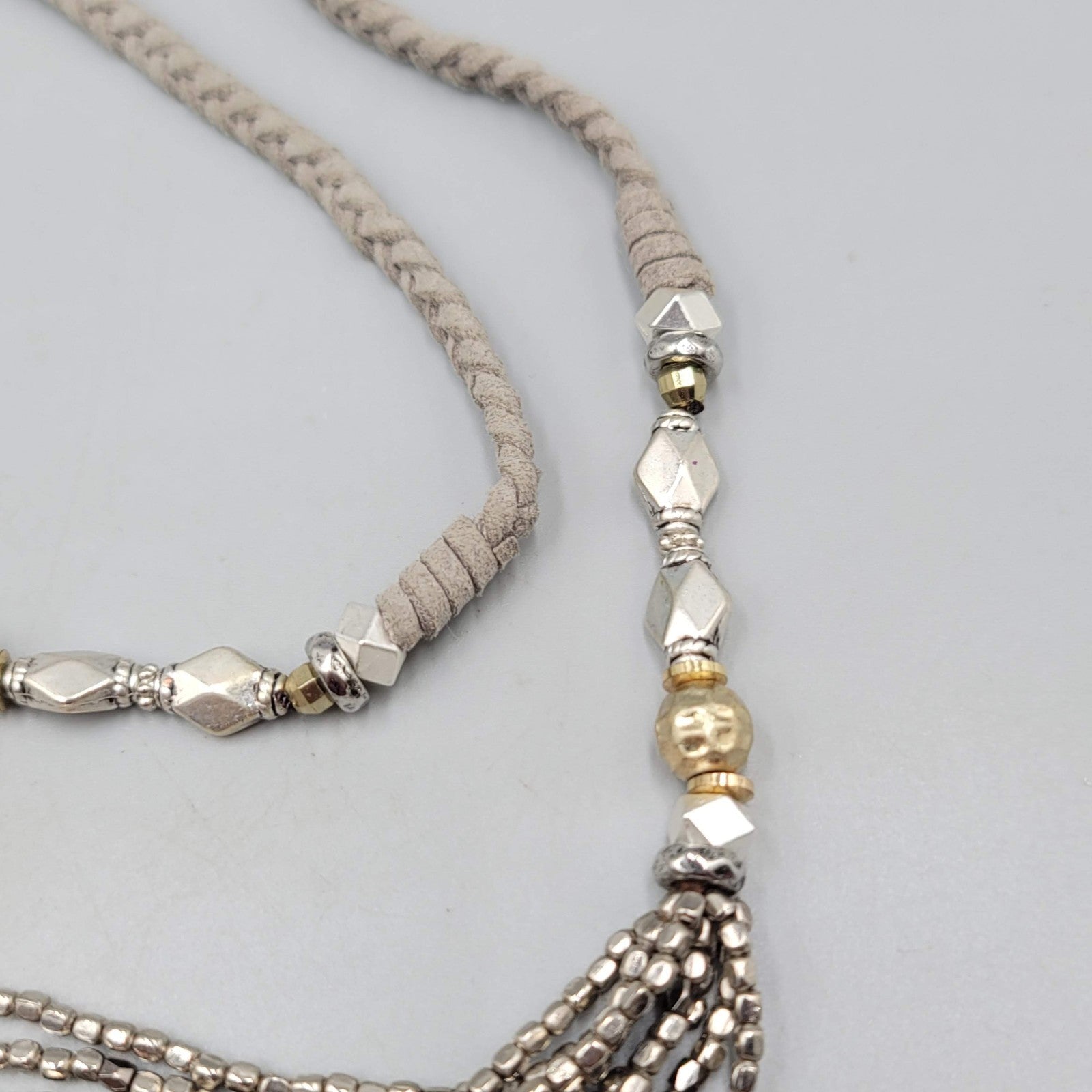 Nakomol Necklace Gray Braided Leather Metallic Seed Beads Long Layered 36 in