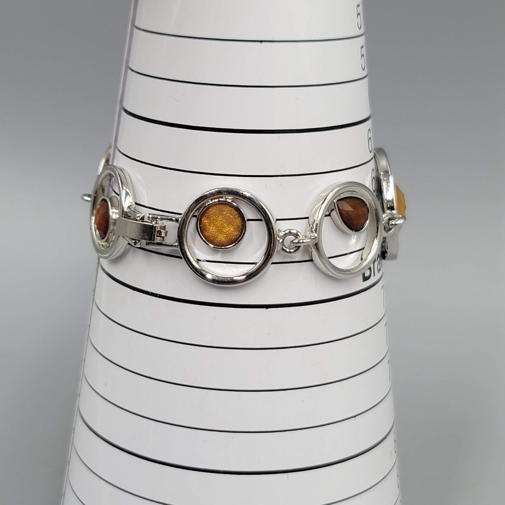 Silver tone Bracelet Orange Resin Accents Modernist 6.75"
