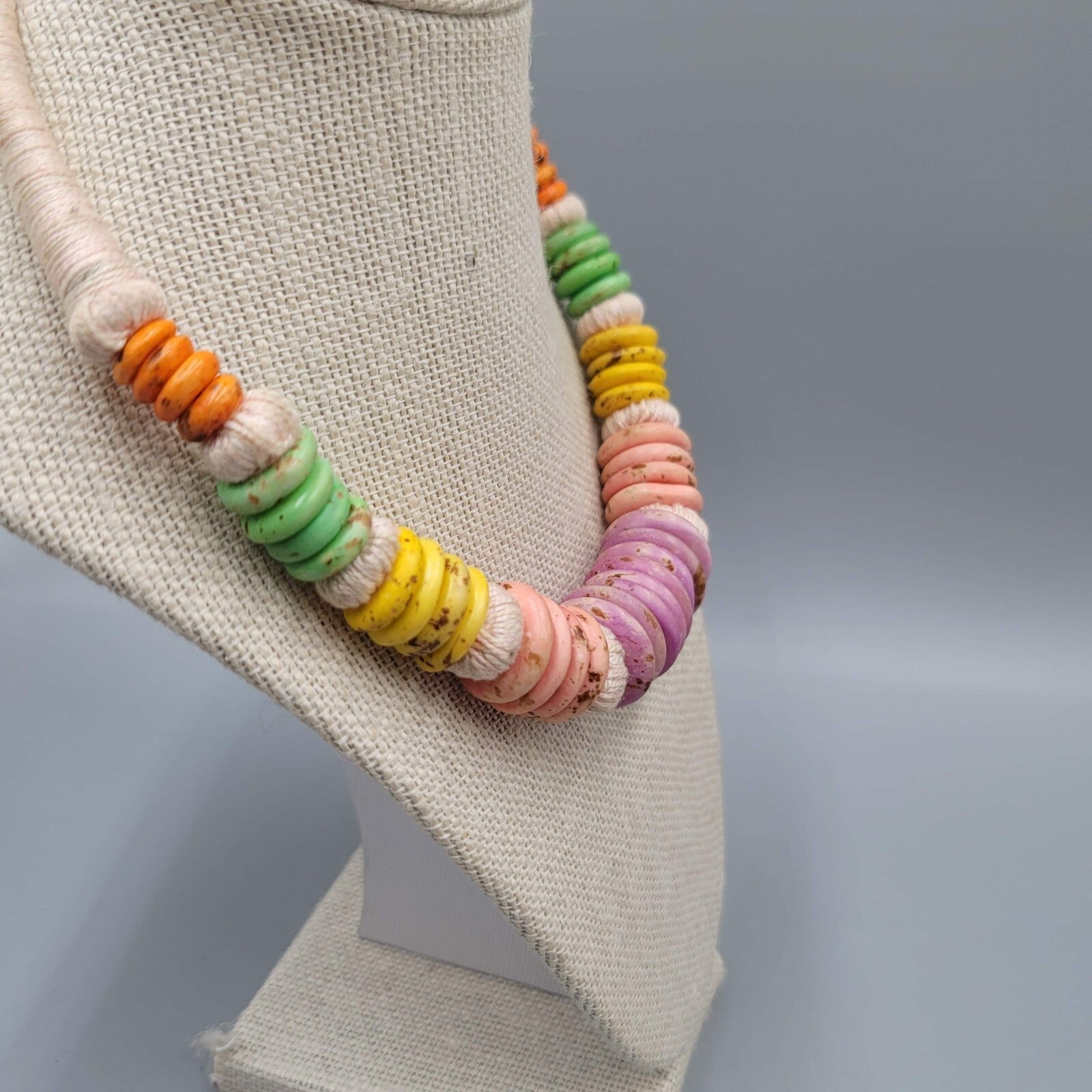 Ashanti Krobo Handmade Beads Necklace African Pastel Colors Thread Wrap 17"
