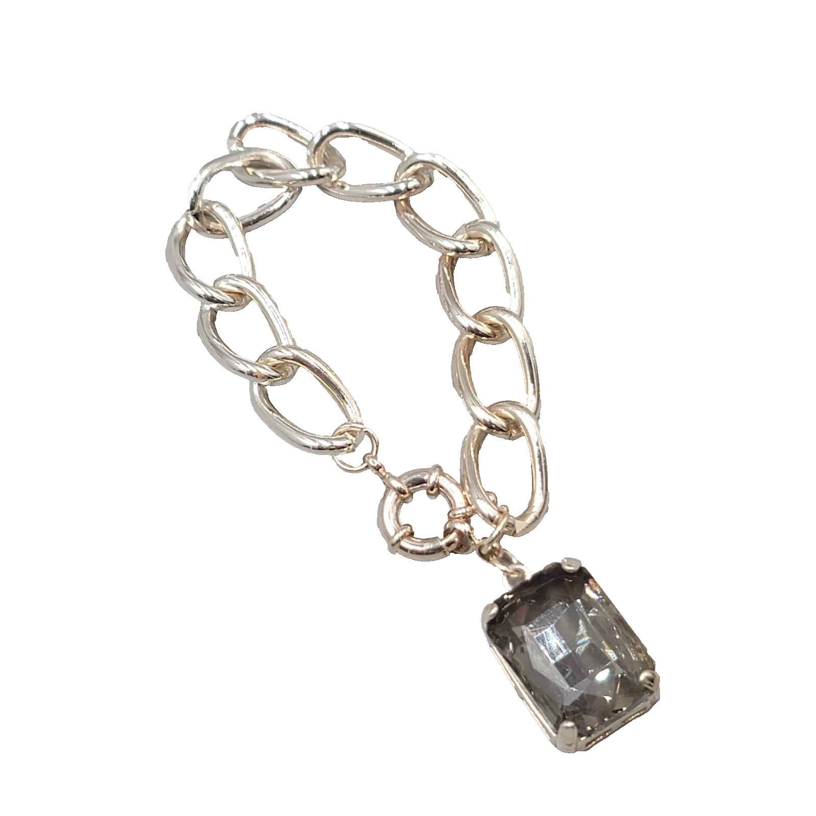 Smokey Gray Glass Dangle Bracelet Silver tone 7"