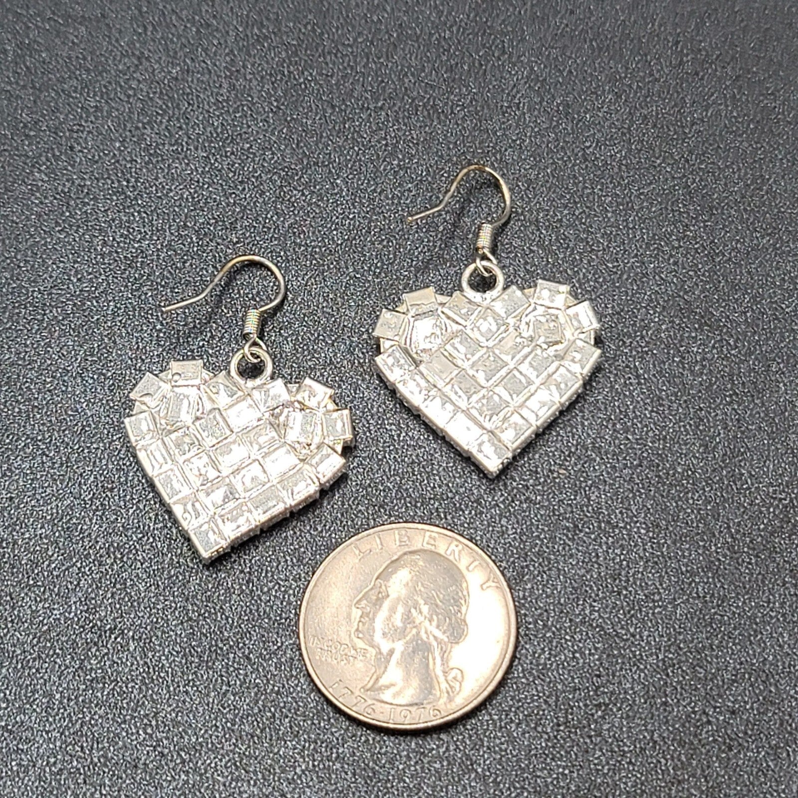 Vintage Pierced Earrings Silver tone Rhinestone Studded Dangle Heart 1"