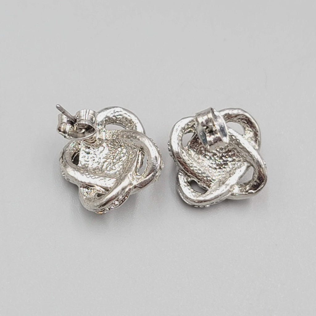 Stud Pierced Earrings Silver tone Rhinestone Knot Studs 5/8"