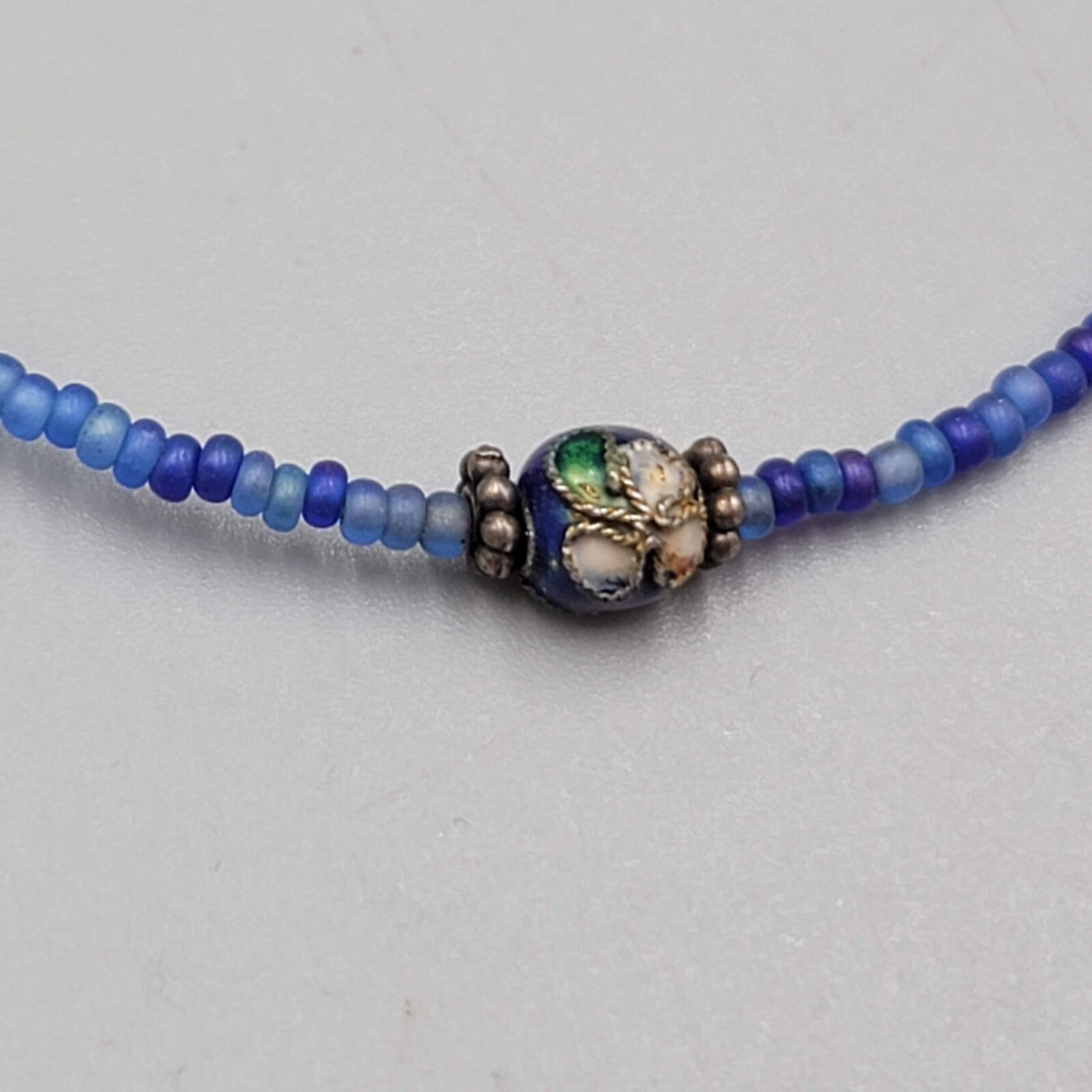 Cloisonne Bead Necklace Blue Seed Bead Minimalist 22"