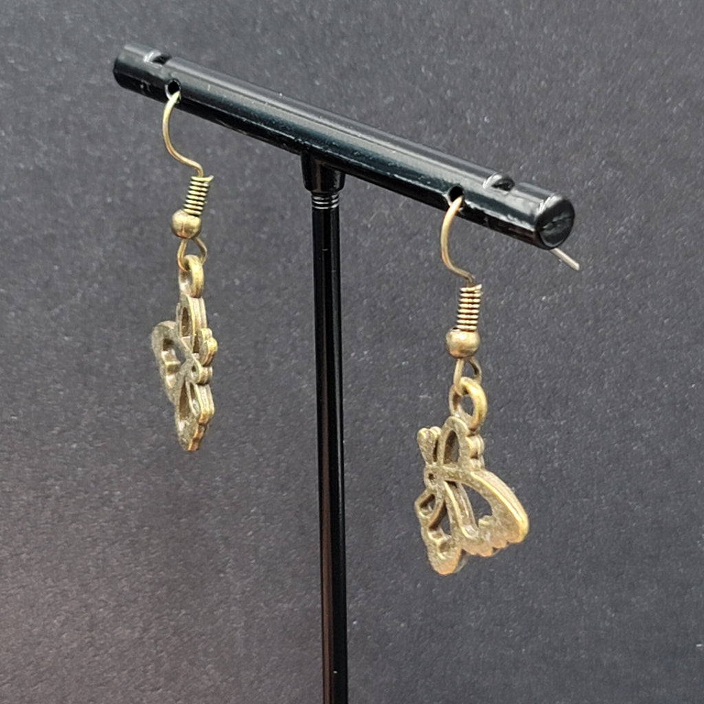 New Butterfly Pierced Earrings Bronze tone Side View Dangle 3/4"