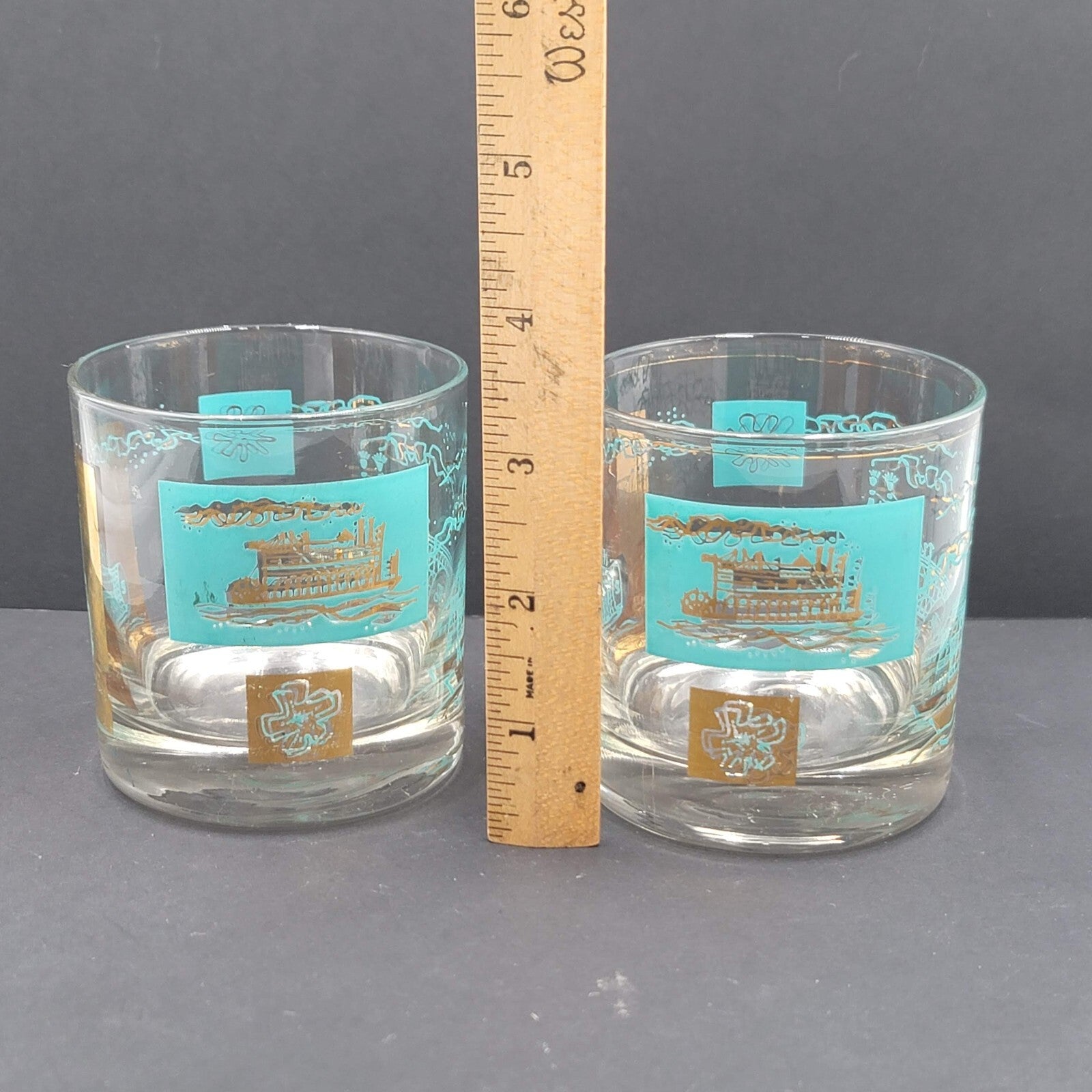 Vintage Southern Comfort Steamboat Lowball Glasses 2 Blue & Gold libbey MCM