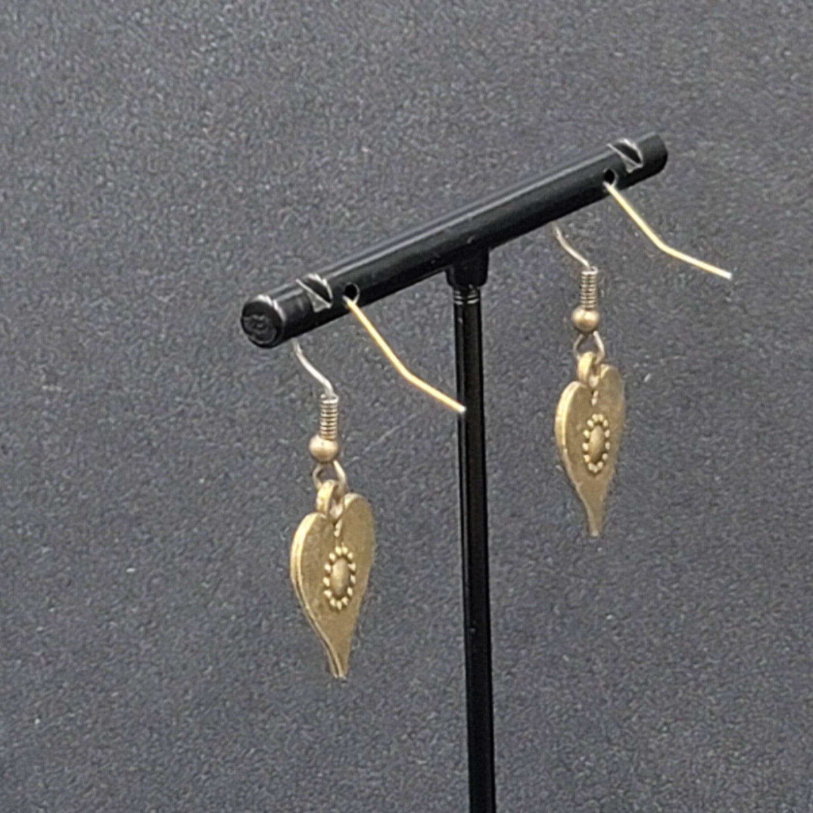 Heart Pierced Earrings Bronze tone Embossed Dangle New 3/4"