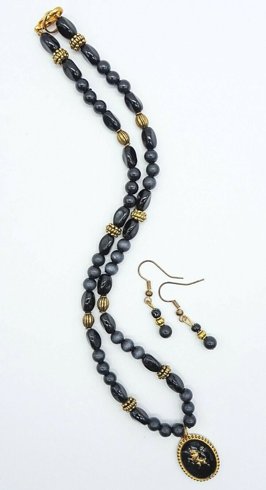 Unicorn Pendant Black Glass and Plastic Beaded Necklace Pierced Earring Set