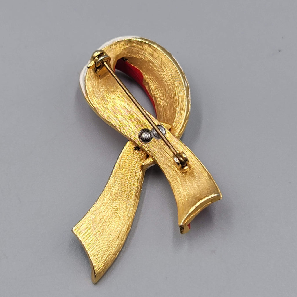 Vintage Ribbon Brooch Red White Blue Enamel Gold tone Patriotic 2.25"